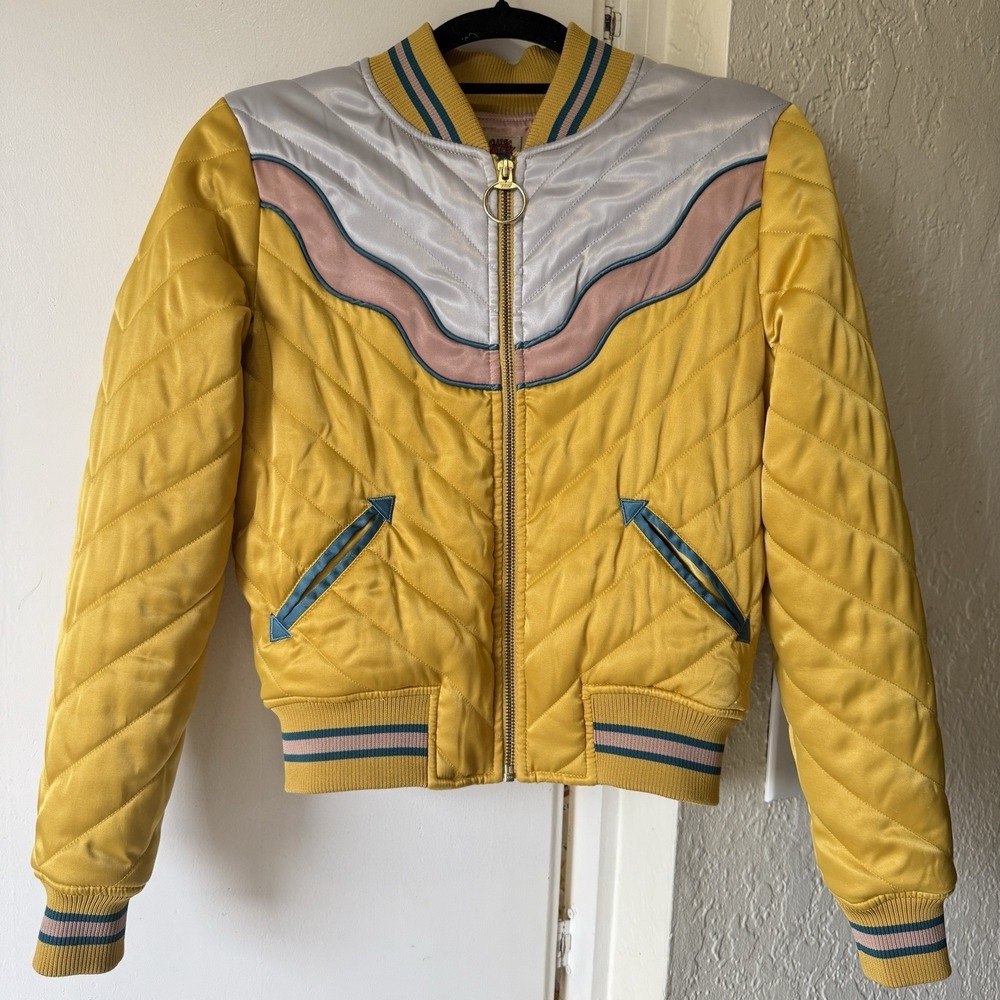 Classic Rock Couture Dolly Western Bomber Jacket Satin Mustard Yellow XS Sunrise